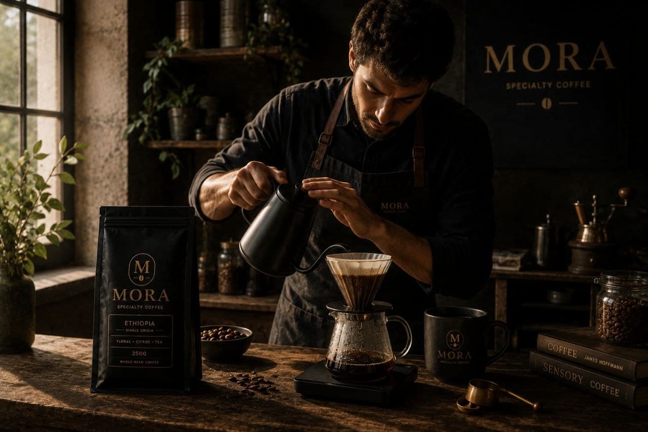 A MORA roaster brewing a pour over in the roastery